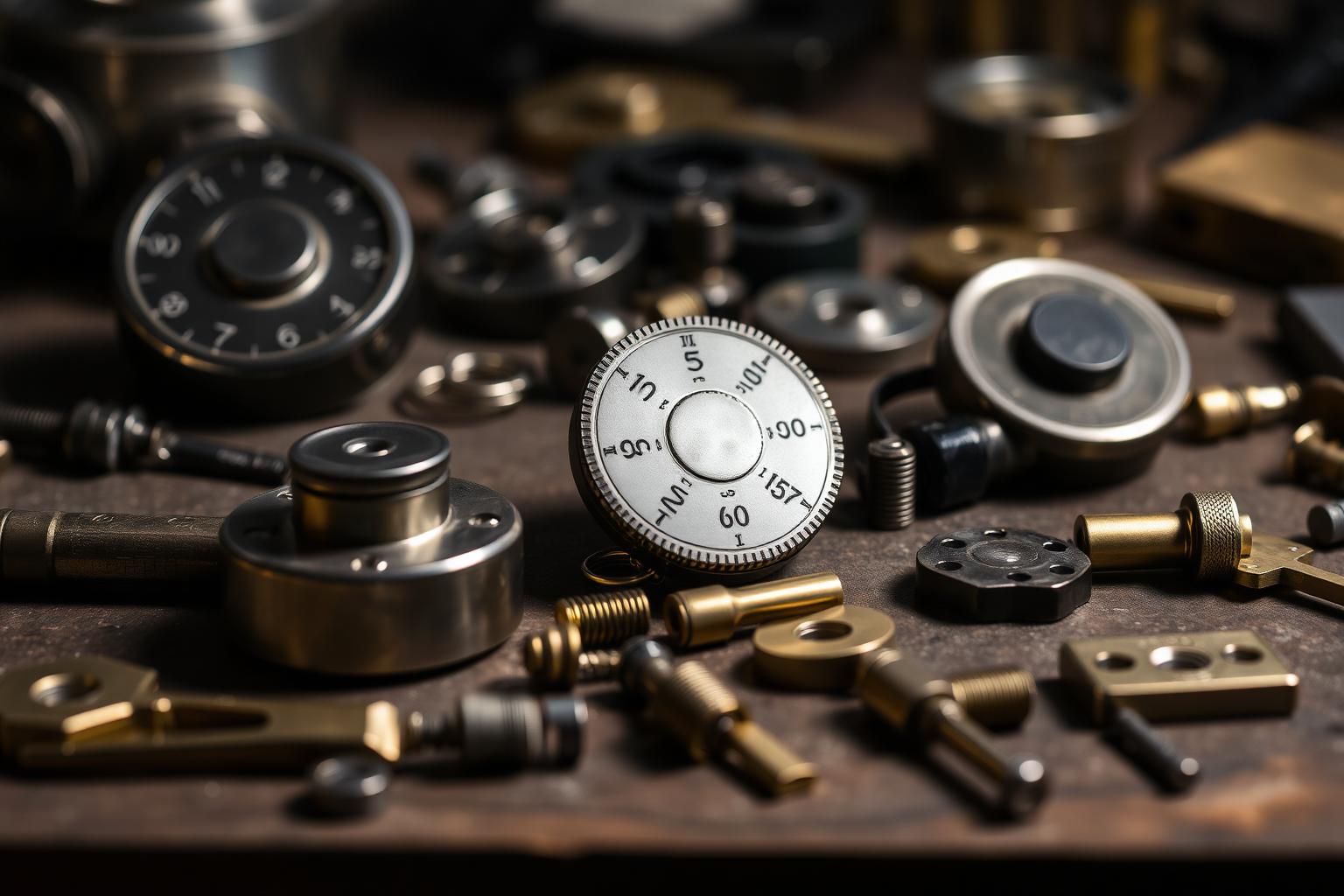 Safe lock components including combination dials, springs and brass parts