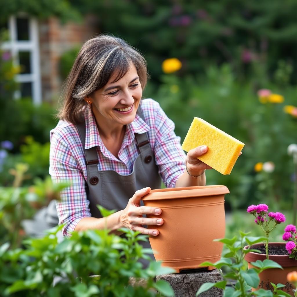 A Irish gardener wiping a clay pot with the BigNomad sponge