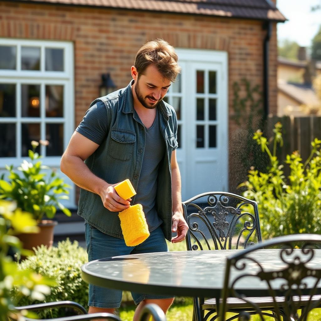 A man cleaning garden furniture with the BigNomad sponge in an English back garden