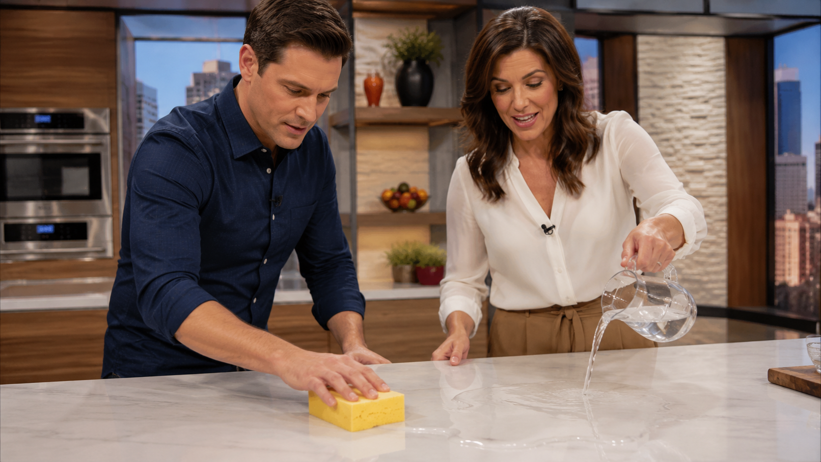 Cooking show hosts testing the BigNomad sponge with a jug of water