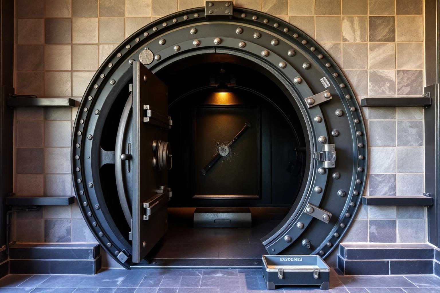Open strongroom vault door with heavy steel bolts
