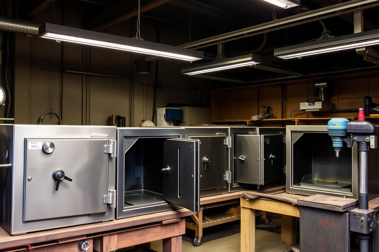 Row of safes open on benches inside the safe repair workshop